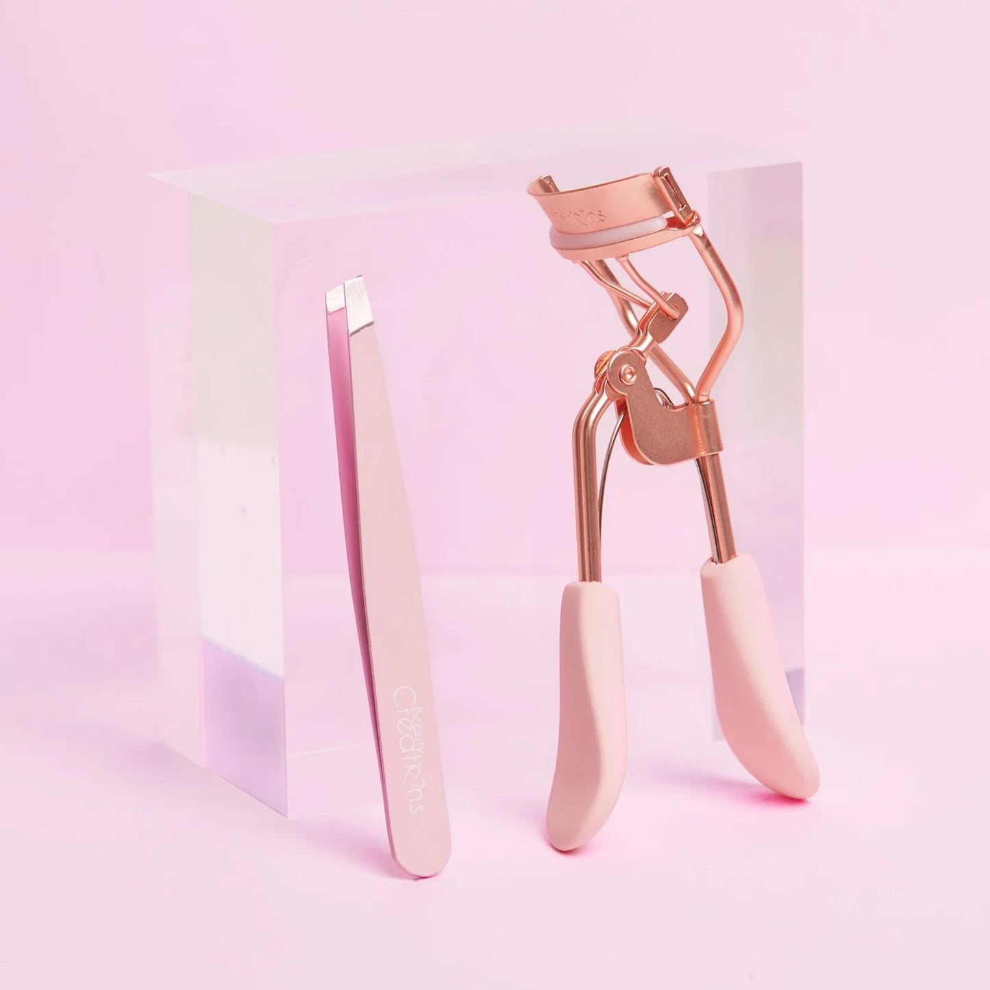 LIGHT PINK EYELASH CURLER AND TWEEZER SET